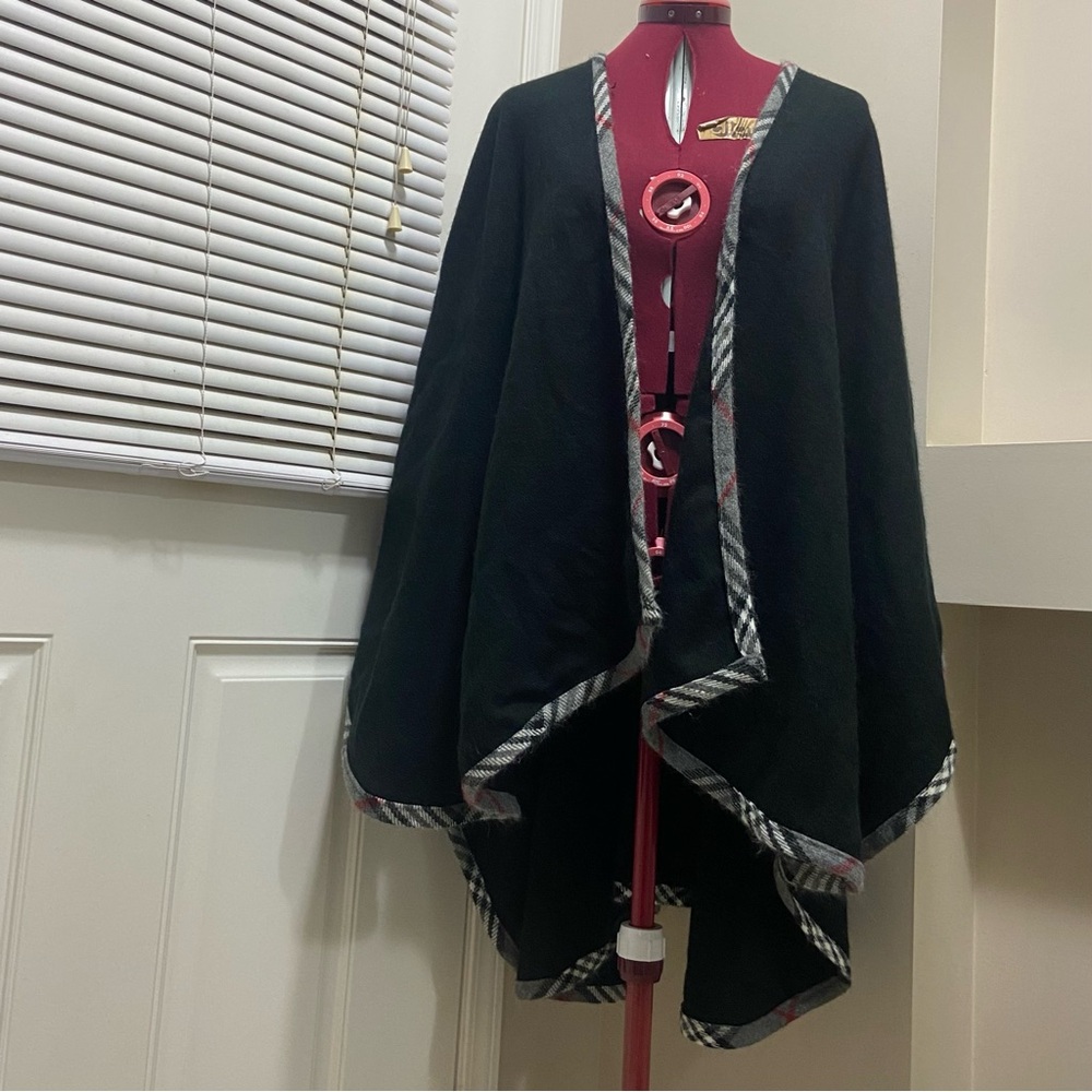 Lord & Taylor Black Cape with Plaid Accents